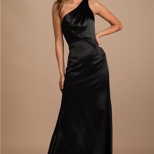 Lulus womens XL Maxi Dress On the Guest List Black Satin One-Shoulder Sleeveless